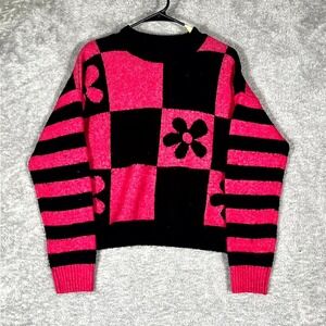 Zara Sweater Womens Small Pink Black Stretch Checkered Long‎ Sleeve Crewneck